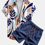 Vibrant Leaf Pattern Button-Up Shirt with Matching Swim Shorts