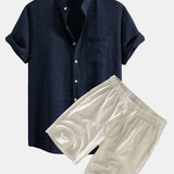 Short Sleeve Stand Collar Shirt with Linen Drawstring Shorts