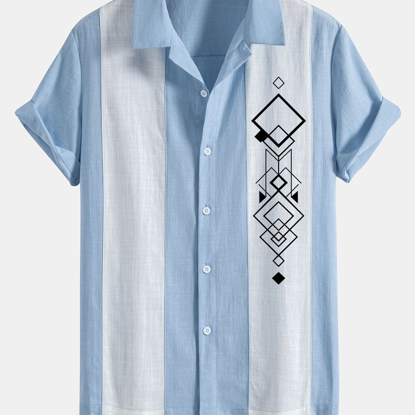 Geometric Rhombus Print Linen-Style Patchwork Bowling Shirt