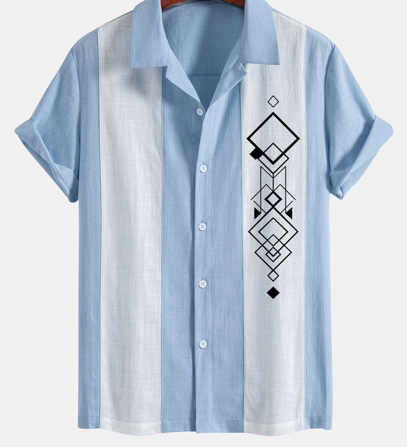 Geometric Rhombus Print Linen-Style Patchwork Bowling Shirt