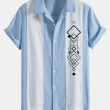 Geometric Rhombus Print Linen-Style Patchwork Bowling Shirt