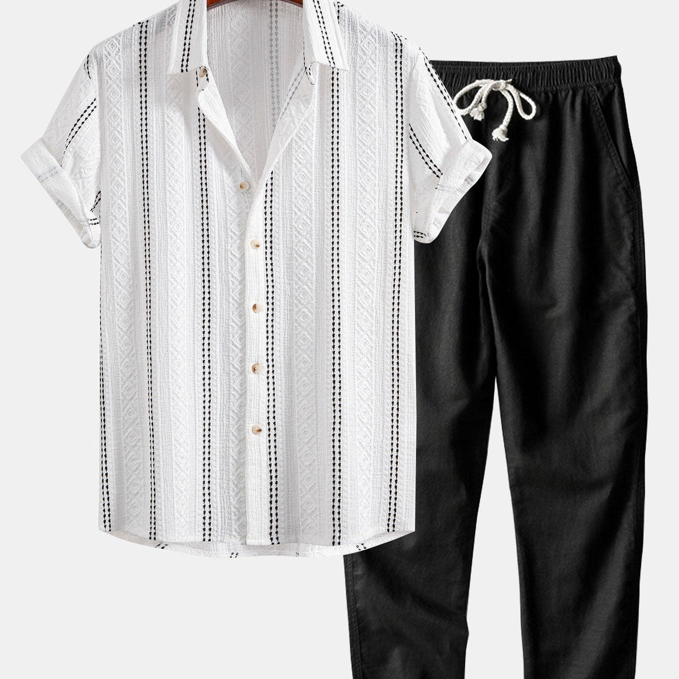 Geometric Striped Jacquard Button Up Shirt & Straight Leg Linen Pants