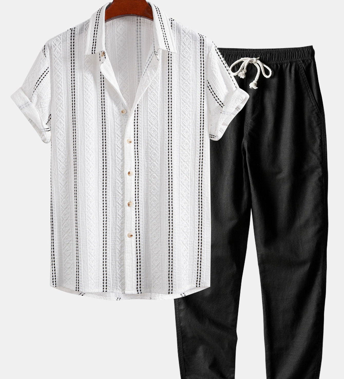 Geometric Striped Jacquard Button Up Shirt & Straight Leg Linen Pants