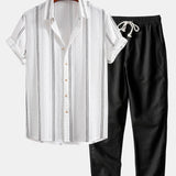 Geometric Striped Jacquard Button Up Shirt & Straight Leg Linen Pants