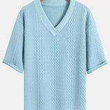 Relaxed Fit Geometric Jacquard V-Neck T-Shirt with Three-Quarter Sleeves and Shorts