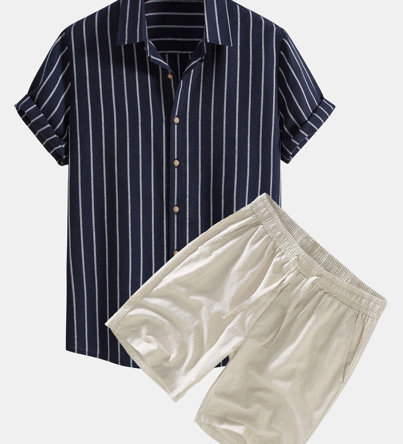 Striped Button-Up Shirt in Cotton Blend with Linen Drawstring Shorts