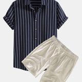 Striped Button-Up Shirt in Cotton Blend with Linen Drawstring Shorts