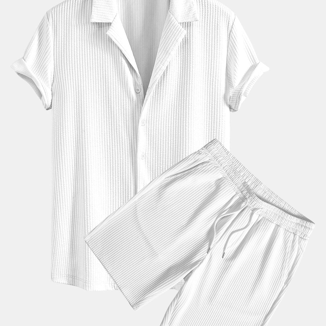 Ribbed Muscle Fit Cuban Shirt with Drawstring Ribbed Shorts