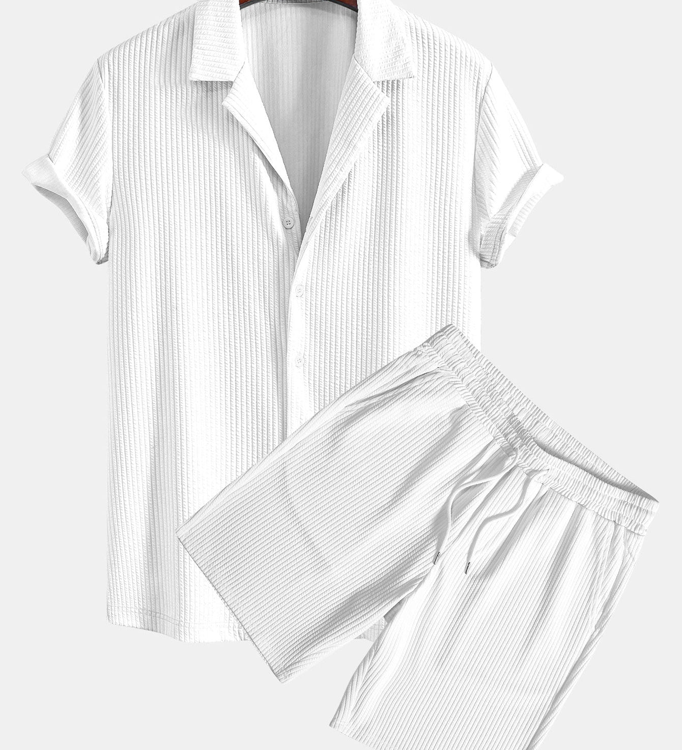 Ribbed Muscle Fit Cuban Shirt with Drawstring Ribbed Shorts