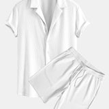 Ribbed Muscle Fit Cuban Shirt with Drawstring Ribbed Shorts