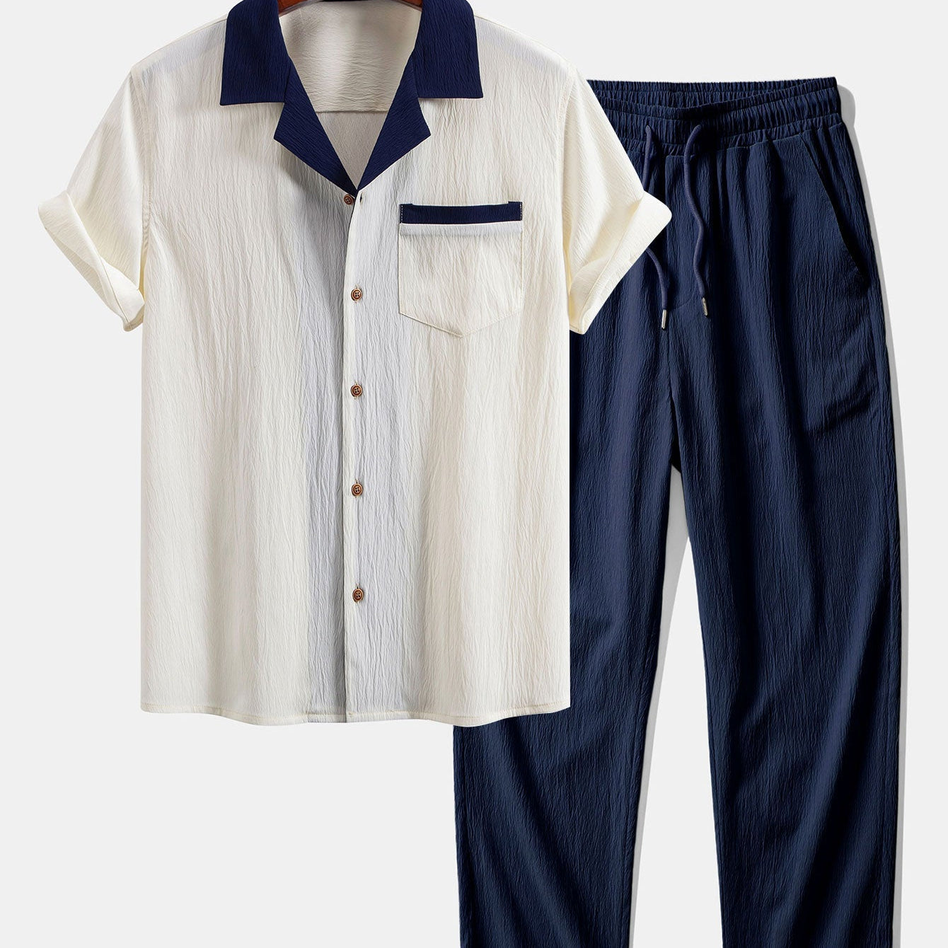 Textured Cuban Shirt with Contrast Details & Straight-Leg Trousers