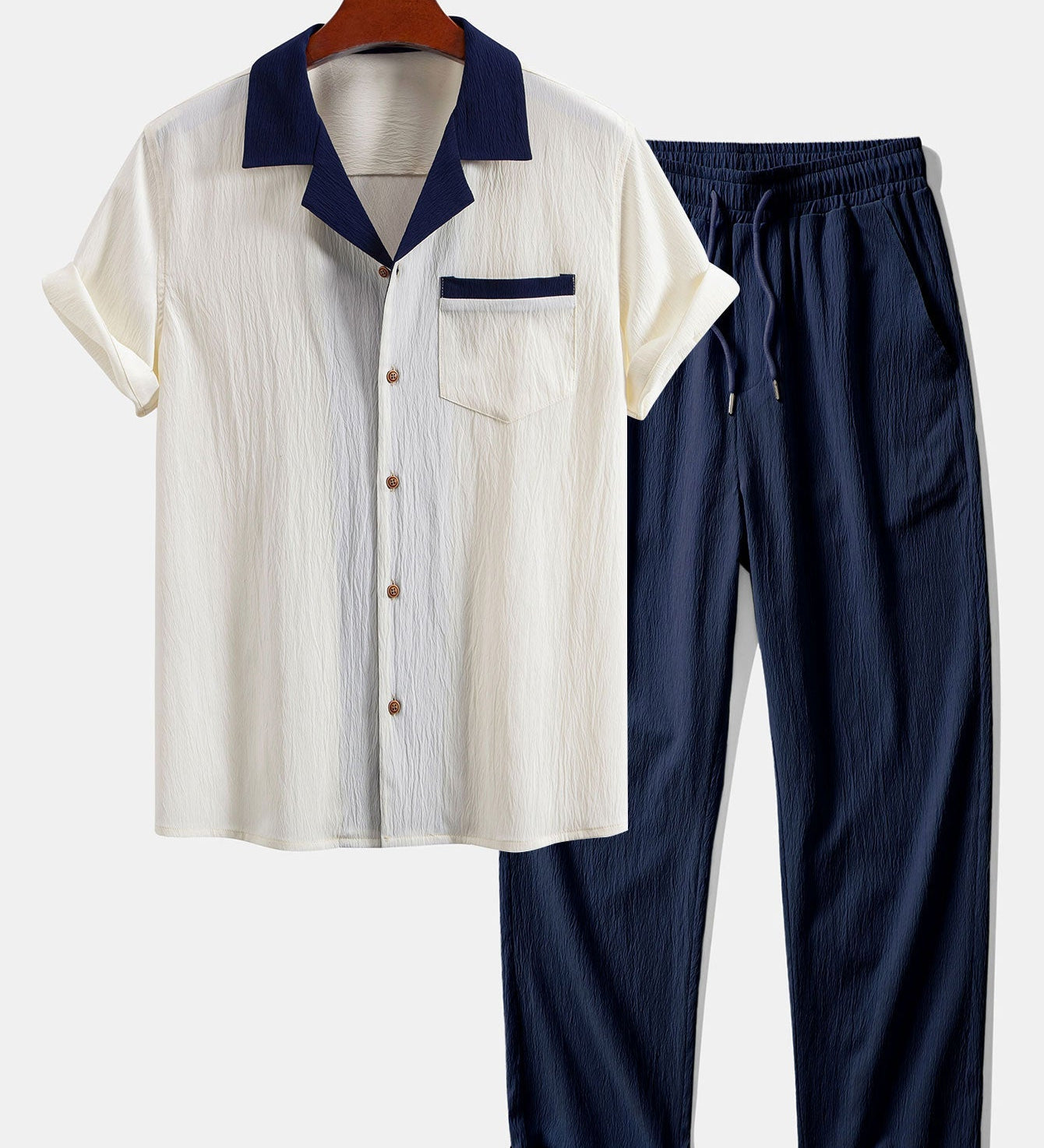 Textured Cuban Shirt with Contrast Details & Straight-Leg Trousers