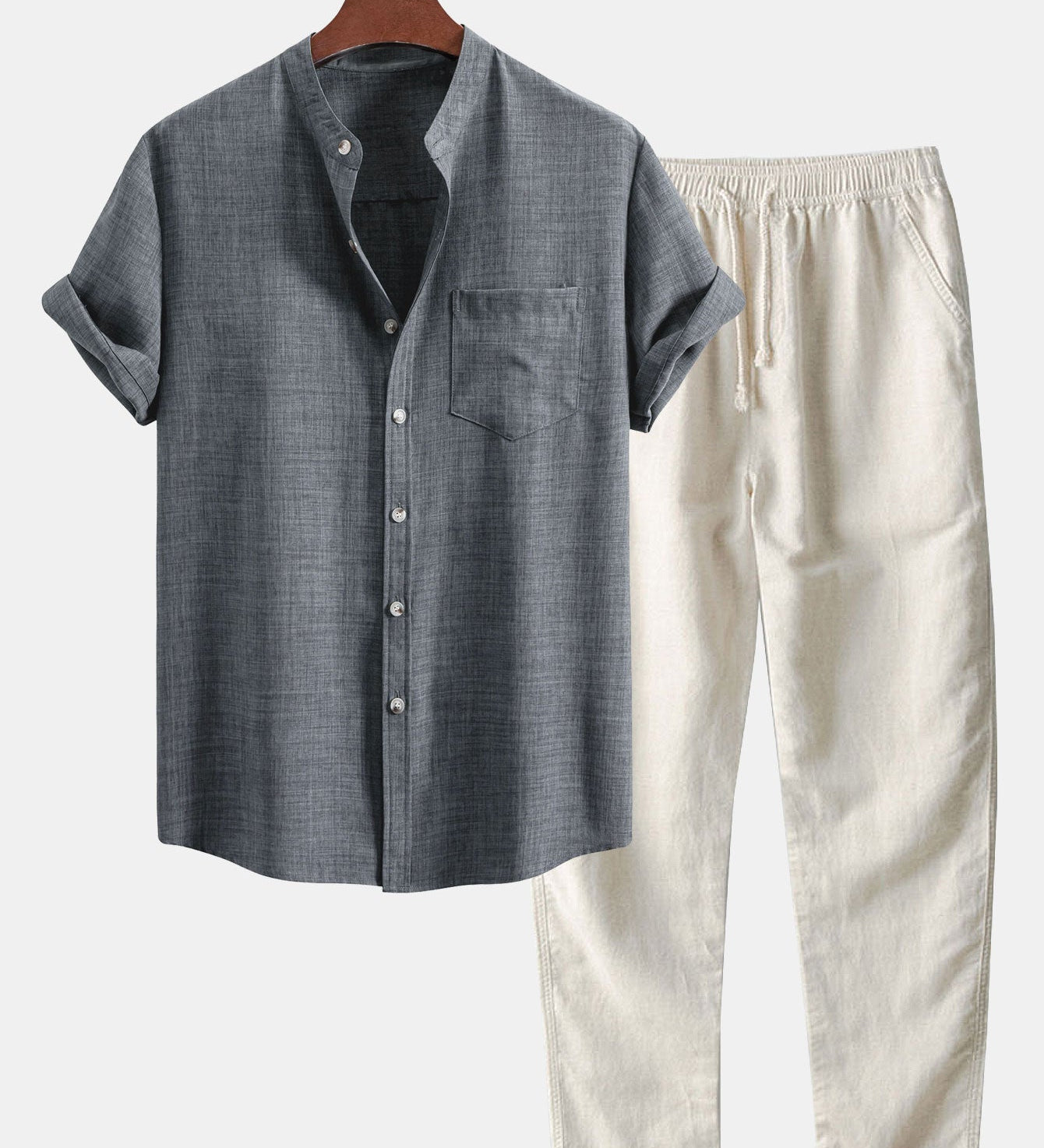 Short Sleeve Stand Collar Shirt with Straight Leg Linen Trousers