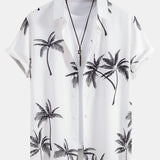 Palm Tree Print Button-Up Shirt with Striped Swim Shorts