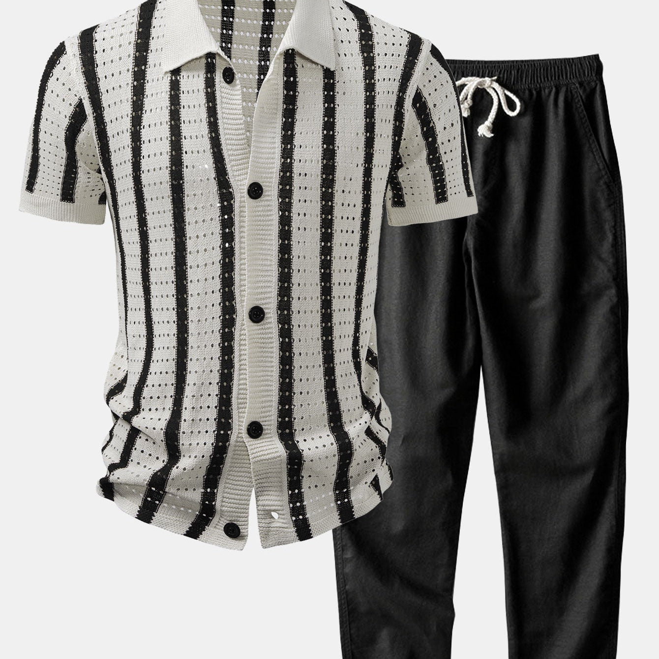 Striped Eyelet Knit Top & Straight-Leg Linen Trousers