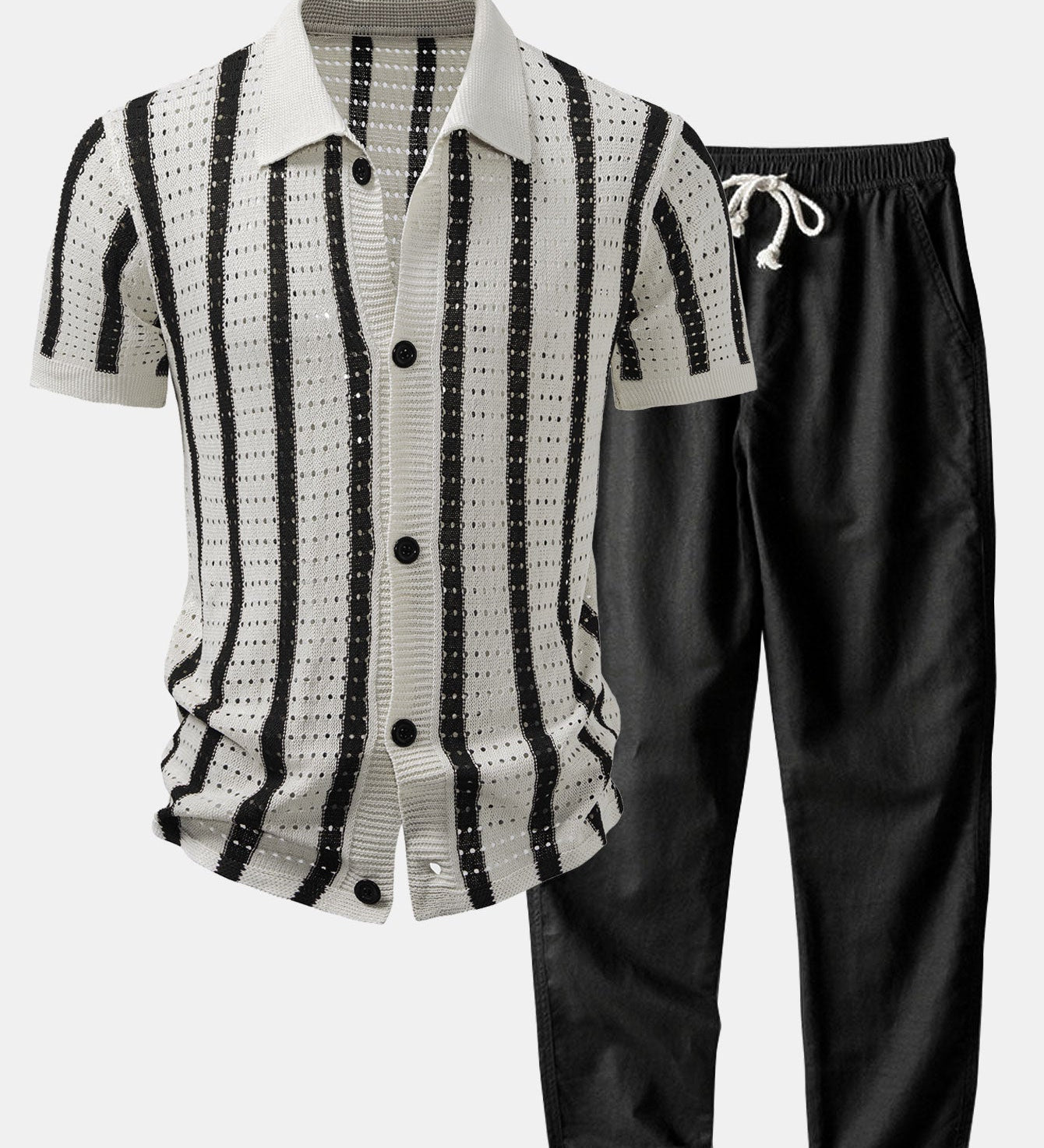 Striped Eyelet Knit Top & Straight-Leg Linen Trousers