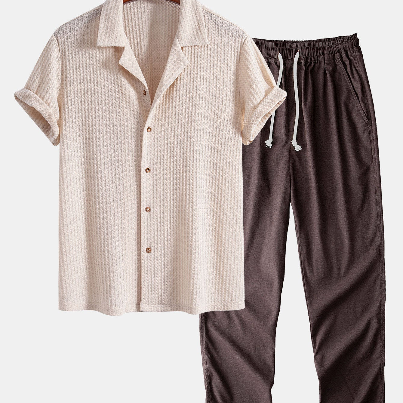 Cuban Collar Short Sleeve Knitted Waffle Shirt with Straight Leg Linen Trousers