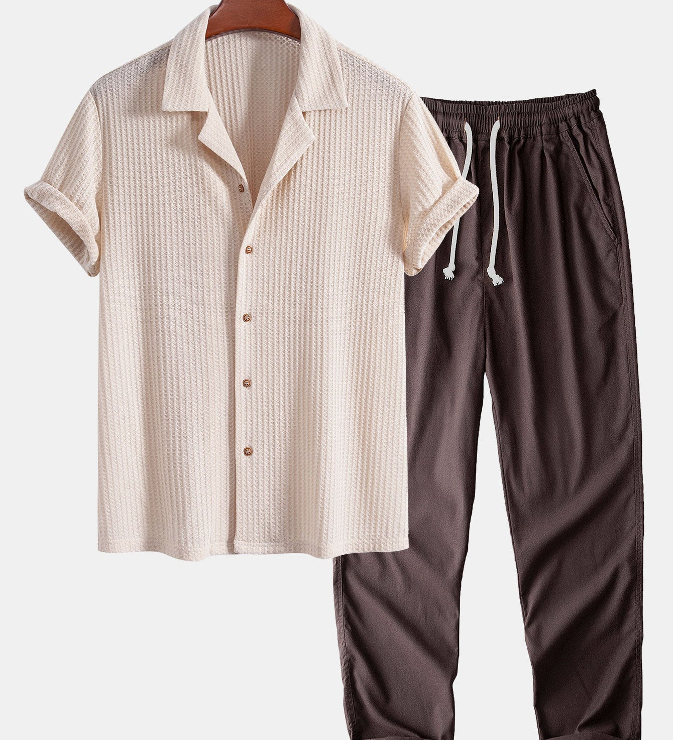 Cuban Collar Short Sleeve Knitted Waffle Shirt with Straight Leg Linen Trousers