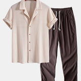 Cuban Collar Short Sleeve Knitted Waffle Shirt with Straight Leg Linen Trousers