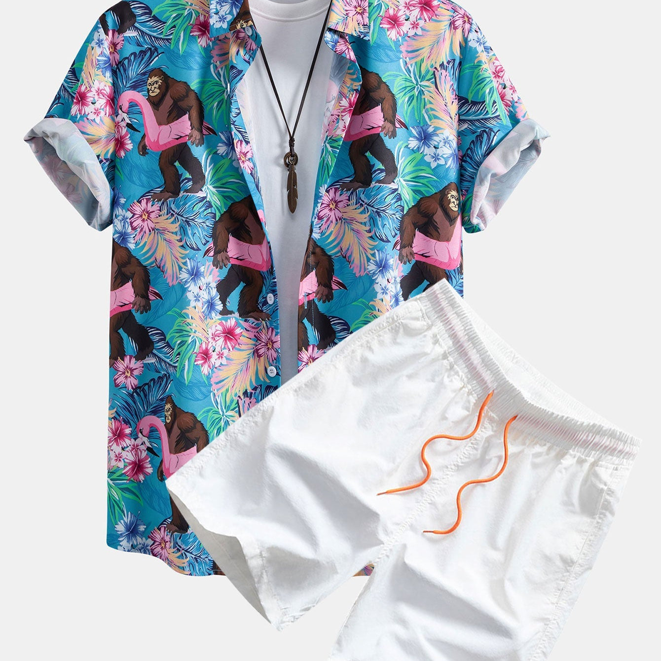 Tropical Print Button-Up Shirt and Swim Shorts Featuring Orangutans