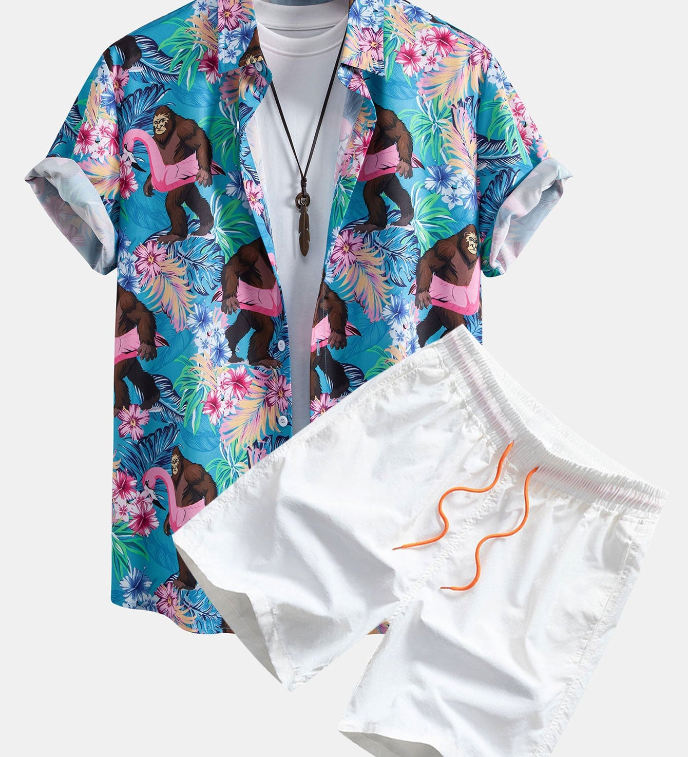 Tropical Print Button-Up Shirt and Swim Shorts Featuring Orangutans