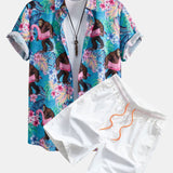 Tropical Print Button-Up Shirt and Swim Shorts Featuring Orangutans
