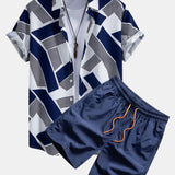 Geometric Color Block Button-Up Shirt with Matching Swim Shorts