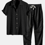 Geometric Jacquard Cuban Shirt with Straight-Leg Linen Trousers