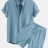 Waffle Textured Stand Collar Shirt with Drawstring Waffle Shorts