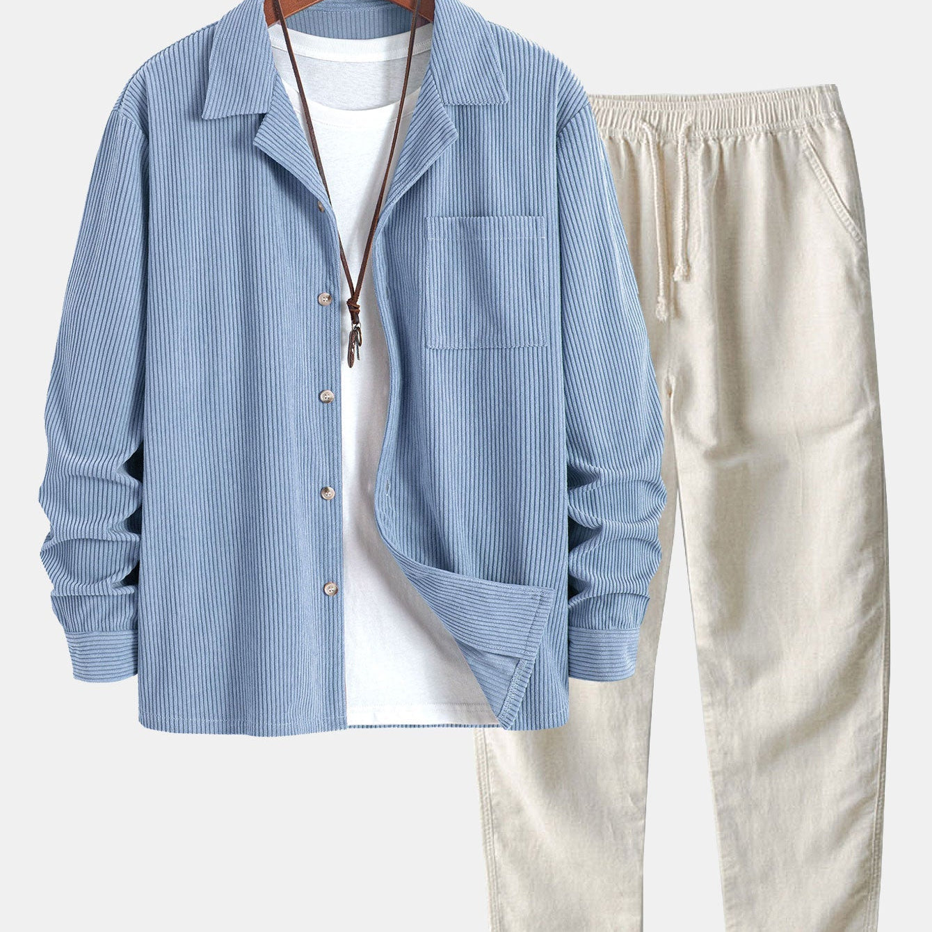 Corduroy Long Sleeve Cuban Collar Shirt with Straight Leg Linen Trousers
