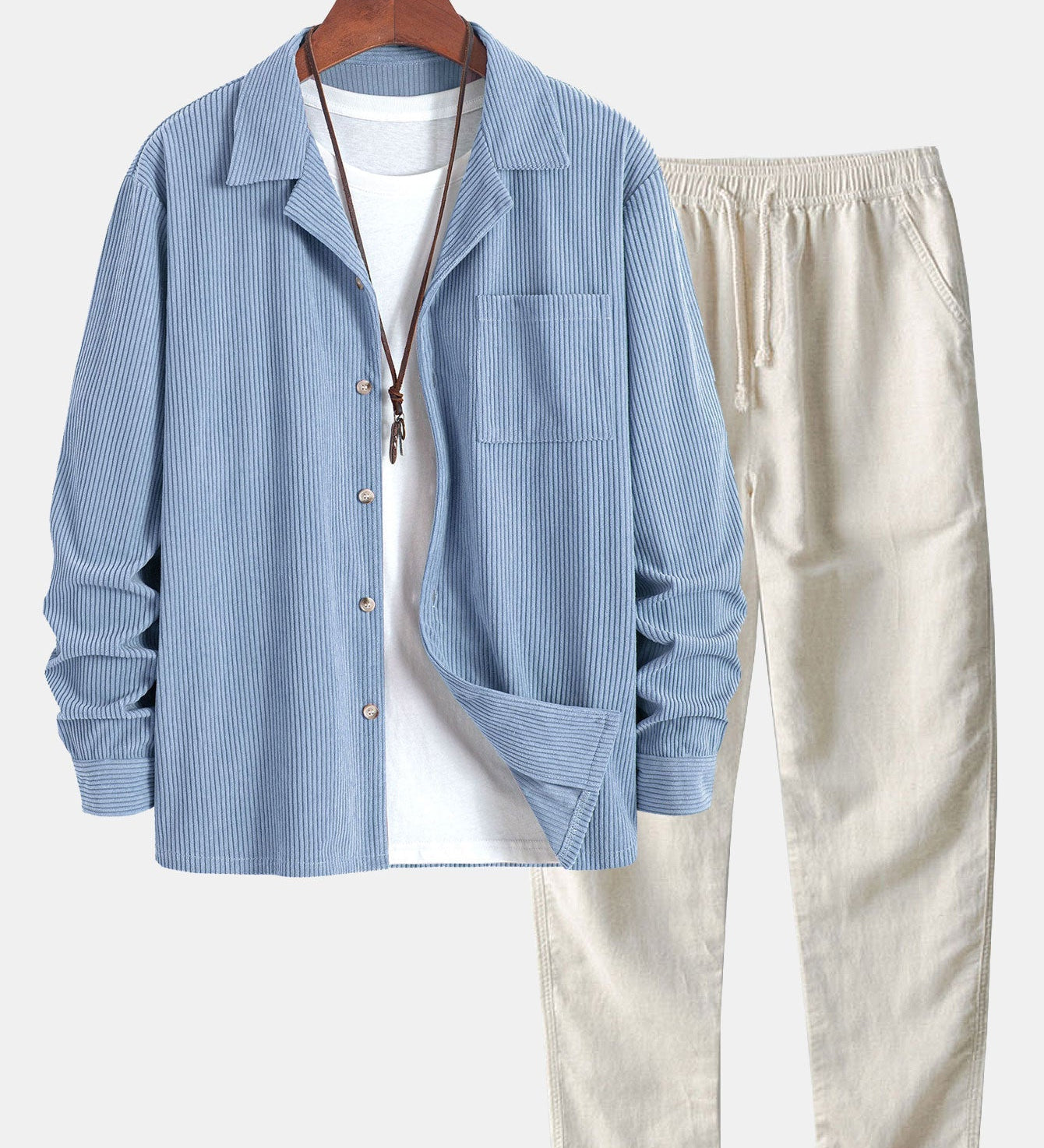 Corduroy Long Sleeve Cuban Collar Shirt with Straight Leg Linen Trousers