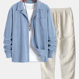 Corduroy Long Sleeve Cuban Collar Shirt with Straight Leg Linen Trousers