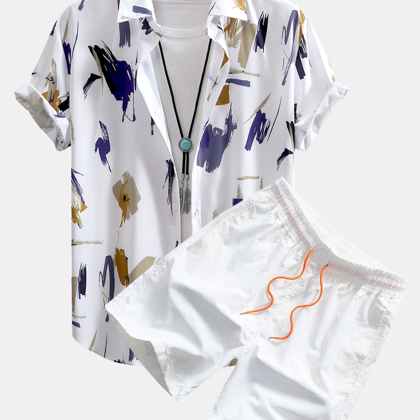 Button-Up Shirt and Swim Shorts with Brushstroke Print