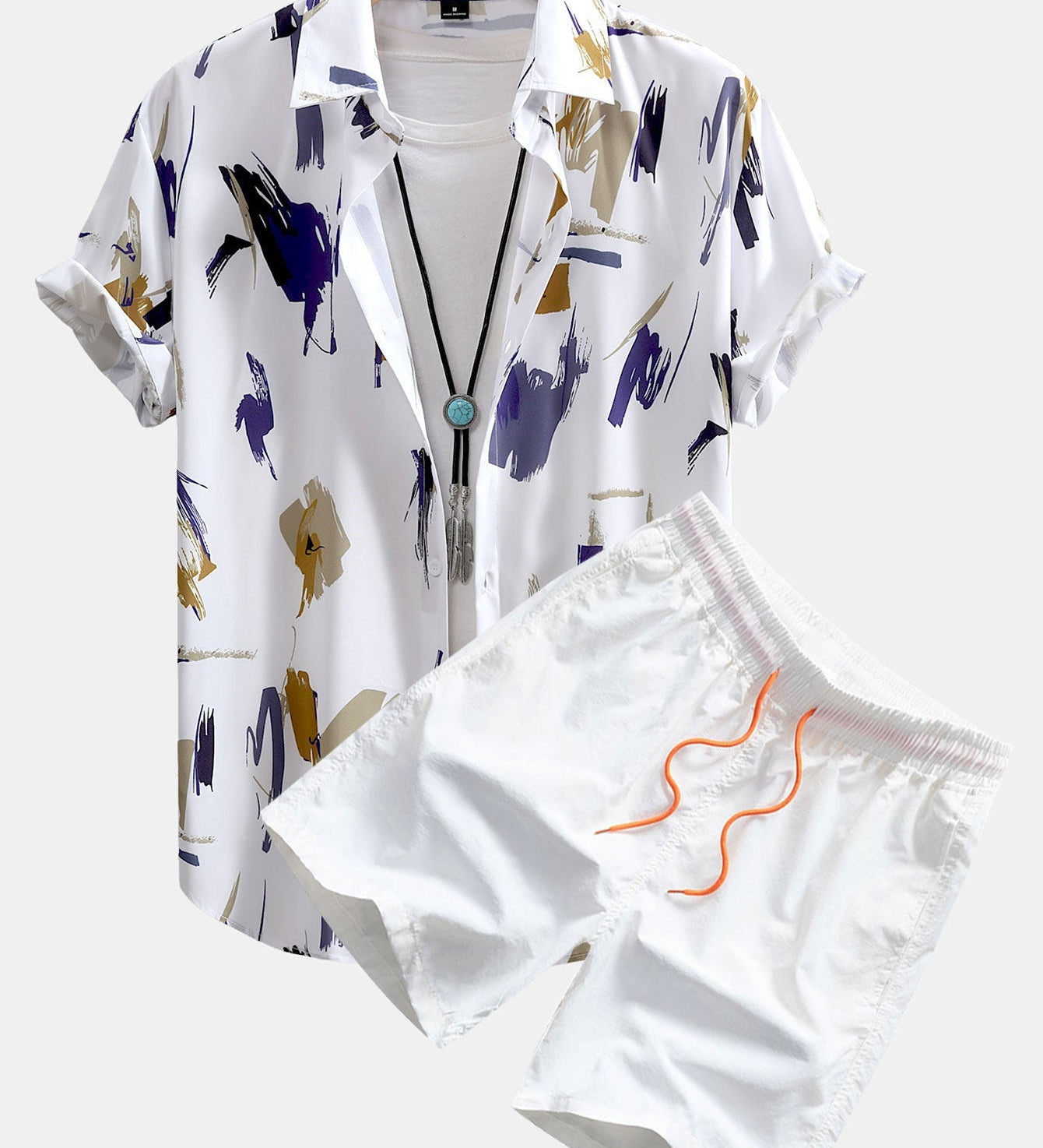 Button-Up Shirt and Swim Shorts with Brushstroke Print