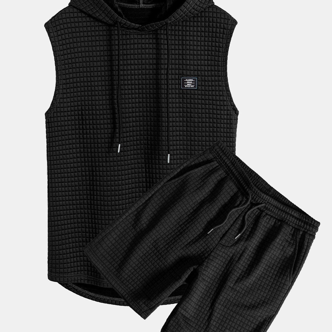 Waffle Knit Sleeveless Hooded Vest and Drawstring Shorts Set