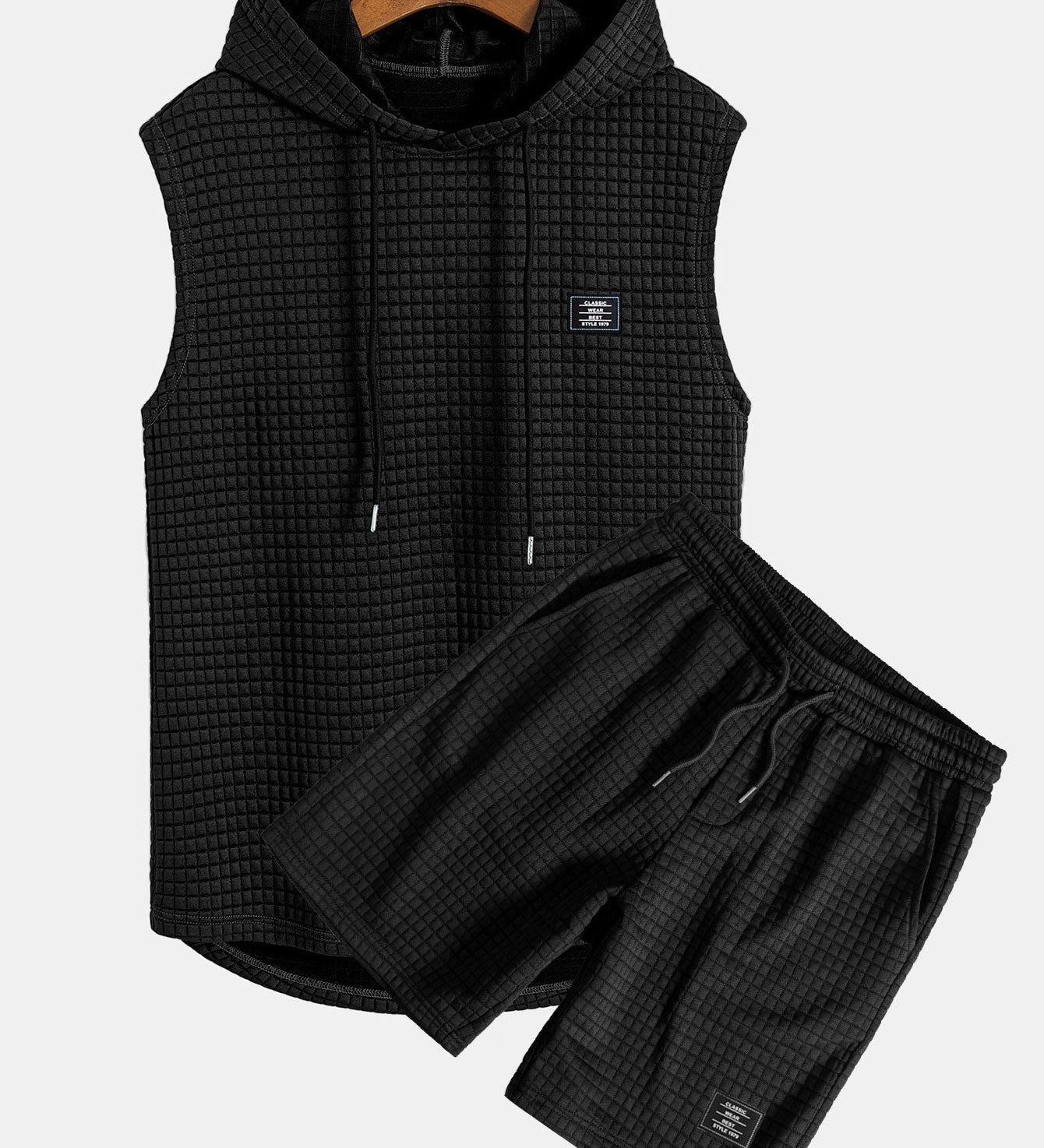 Waffle Knit Sleeveless Hooded Vest and Drawstring Shorts Set