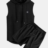 Waffle Knit Sleeveless Hooded Vest and Drawstring Shorts Set