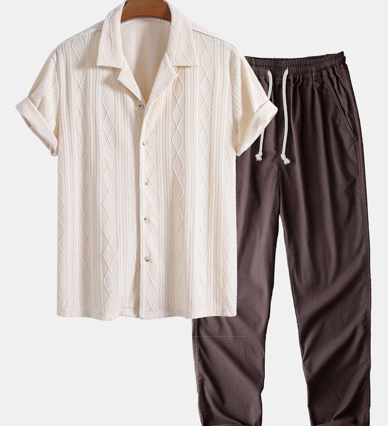 Geometric Rhombus Jacquard Knit Cuban Shirt with Straight Leg Linen Trousers