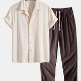 Geometric Rhombus Jacquard Knit Cuban Shirt with Straight Leg Linen Trousers