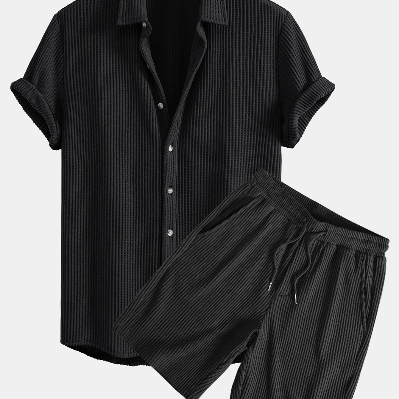 Waffle Texture Button-Up Shirt & Drawstring Waffle Shorts Set
