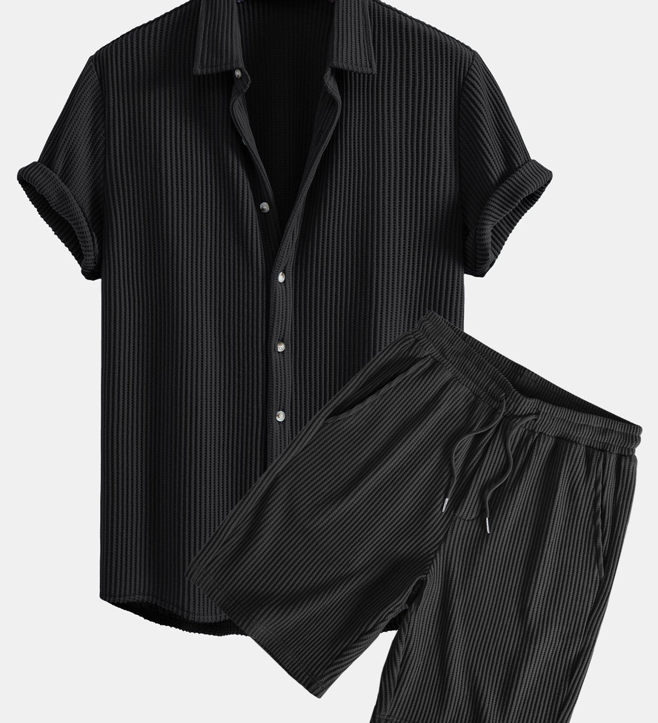 Waffle Texture Button-Up Shirt & Drawstring Waffle Shorts Set