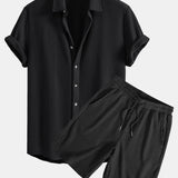 Waffle Texture Button-Up Shirt & Drawstring Waffle Shorts Set