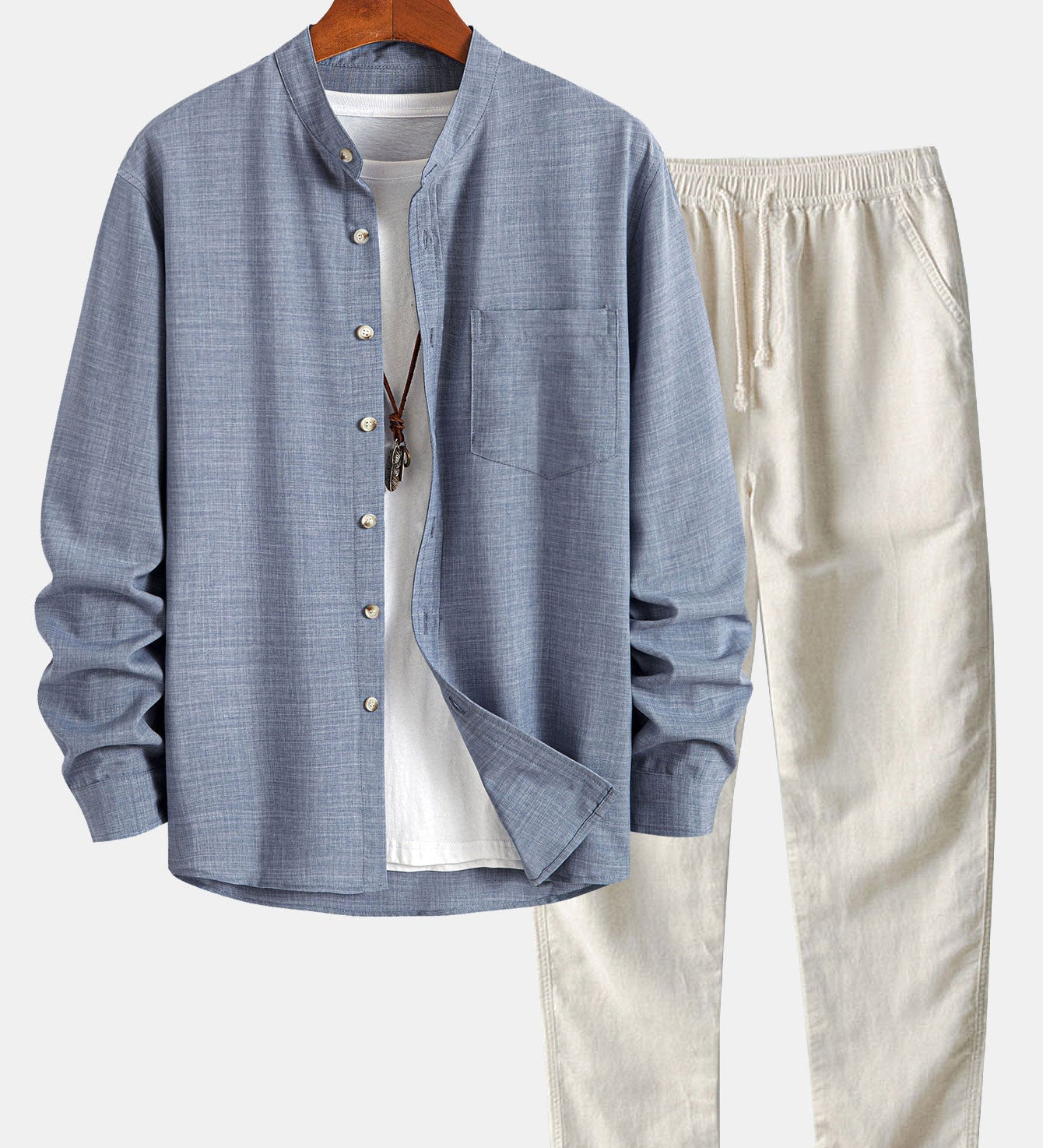 Long Sleeve Stand Collar Top with Straight Leg Linen Trousers