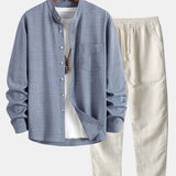 Long Sleeve Stand Collar Top with Straight Leg Linen Trousers