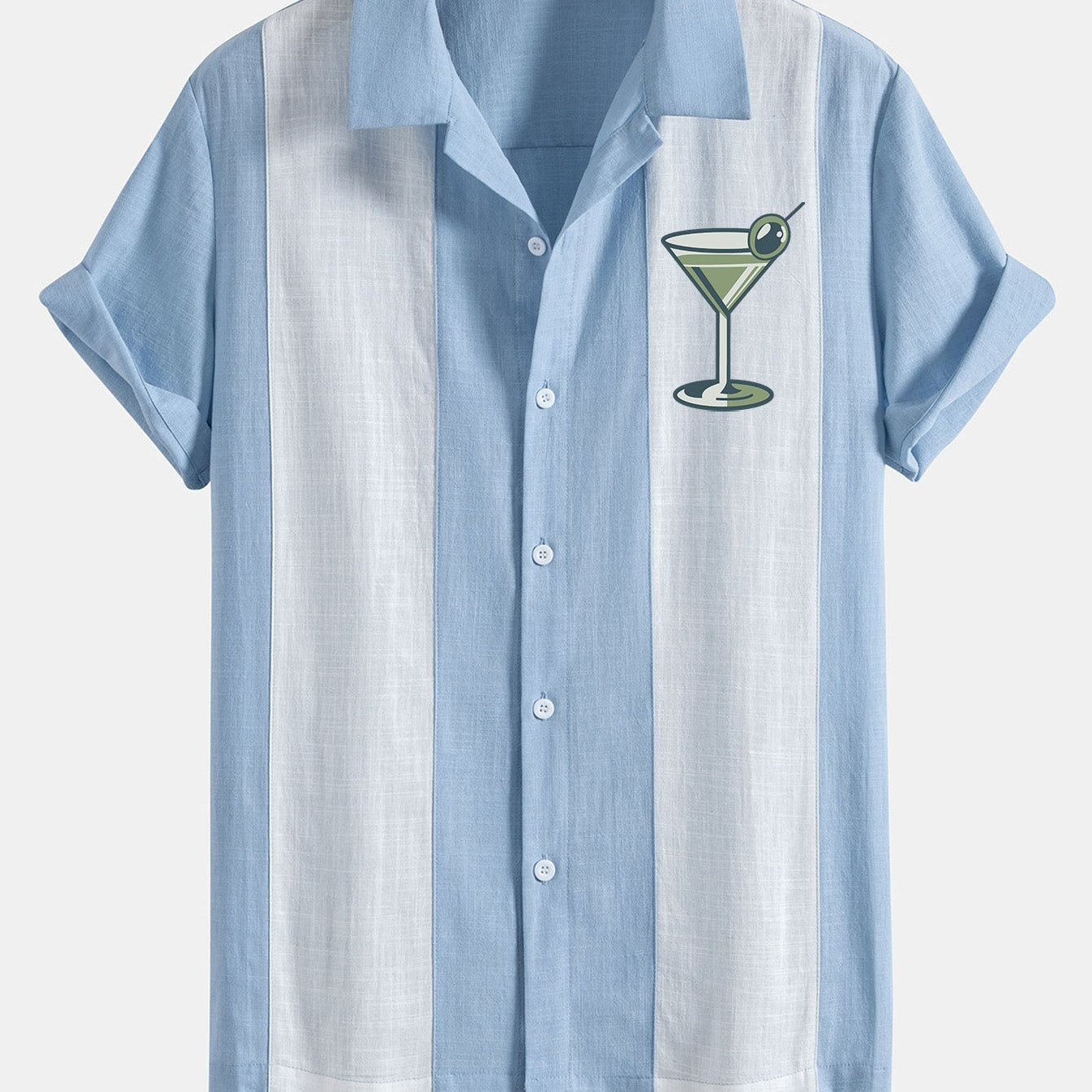 Retro Martini Cocktail Print Linen-Style Patchwork Bowling Shirt