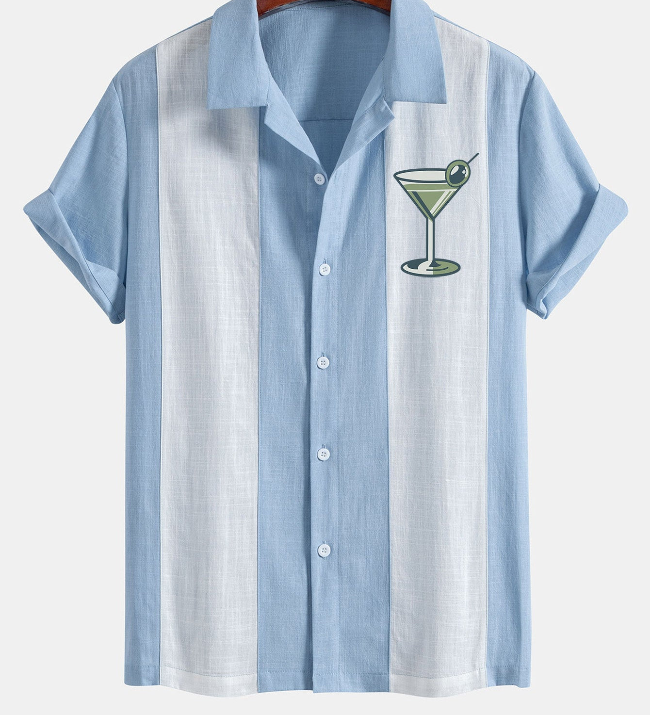 Retro Martini Cocktail Print Linen-Style Patchwork Bowling Shirt