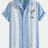 Retro Martini Cocktail Print Linen-Style Patchwork Bowling Shirt
