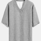 Relaxed Fit Geometric Jacquard V-Neck T-Shirt with Three-Quarter Sleeves and Shorts