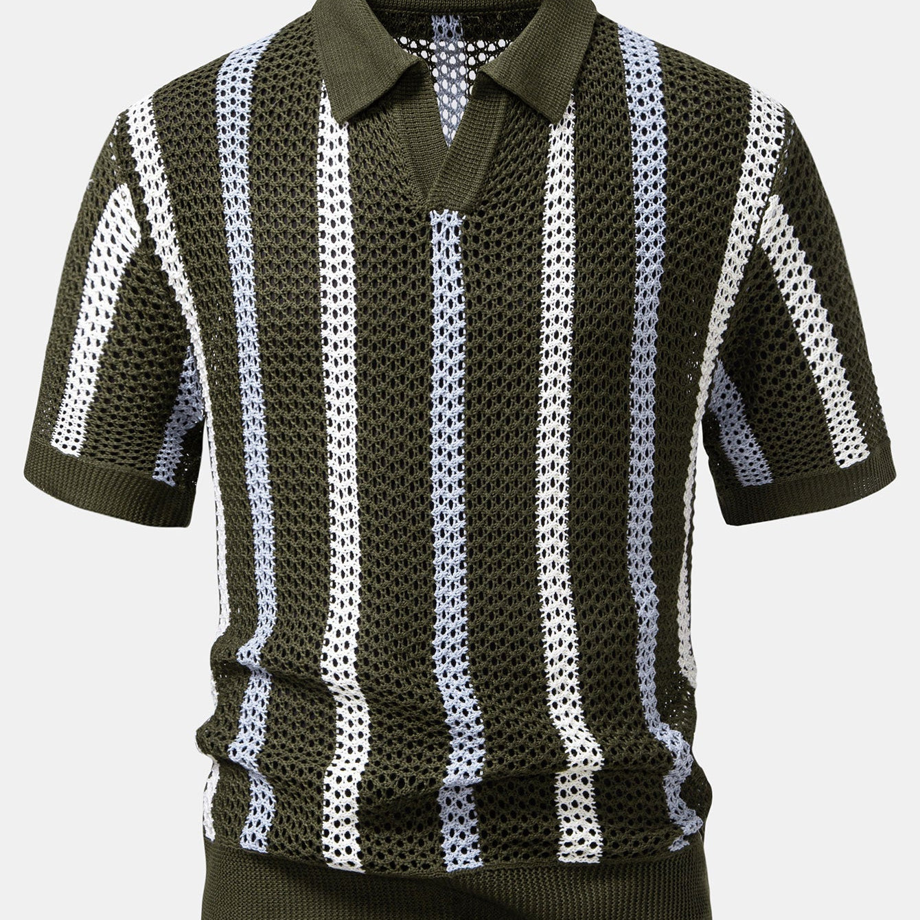 V-Neck Striped Crochet Polo