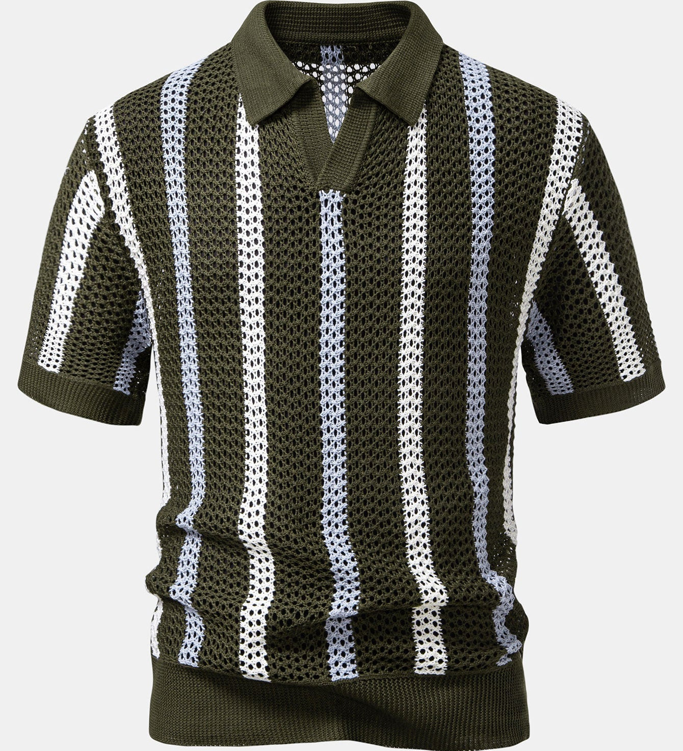 V-Neck Striped Crochet Polo